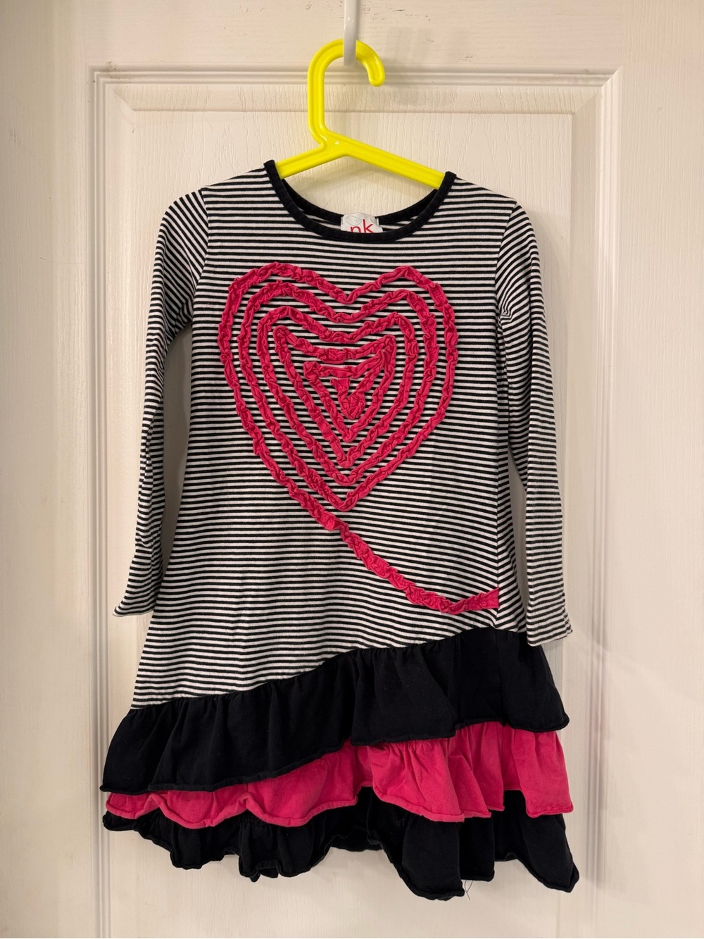 Girls' Black & White Stripe Dress with Pink Heart